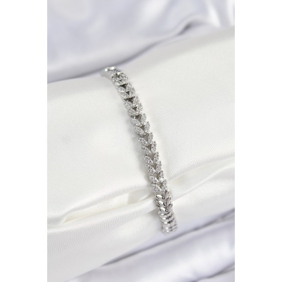 Pirinç Zirkon Taşlı Sıralı Yaprak Model Gümüş Renk Kadın Bileklik - TJ-BB7532