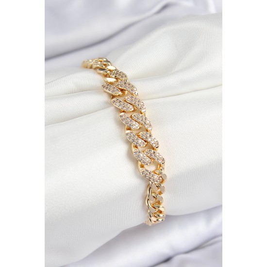 Pirinç Zirkon Taşlı Küba Zincir Model Gold Renk Kadın Bileklik - TJ-BB7533