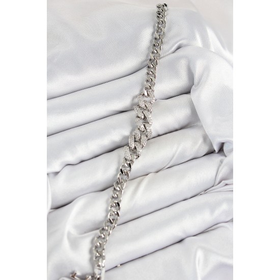 Pirinç Zirkon Taşlı Küba Zincir Model Gümüş Renk Kadın Bileklik - TJ-BB7534