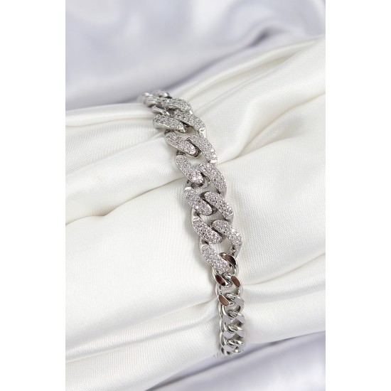 Pirinç Zirkon Taşlı Küba Zincir Model Gümüş Renk Kadın Bileklik - TJ-BB7534