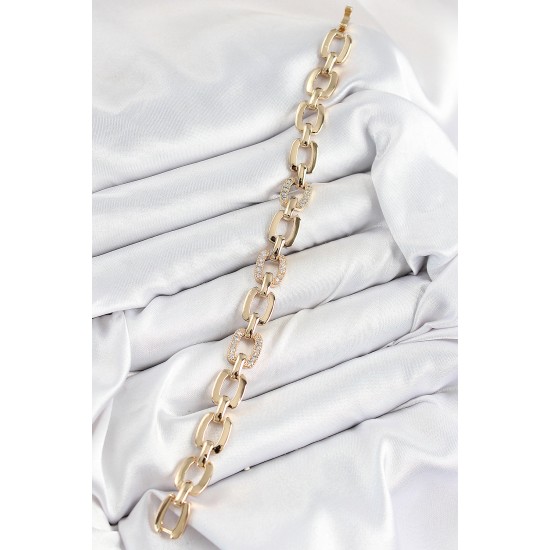 Pirinç Zirkon Taşlı Parçalı Zincir Model Gold Renk Kadın Bileklik - TJ-BB7535