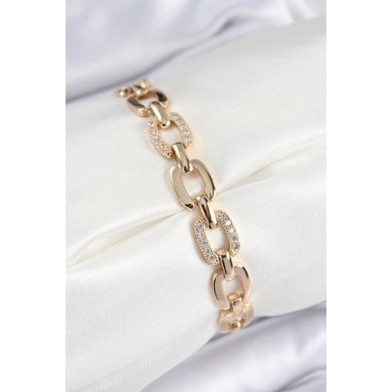Pirinç Zirkon Taşlı Parçalı Zincir Model Gold Renk Kadın Bileklik - TJ-BB7535