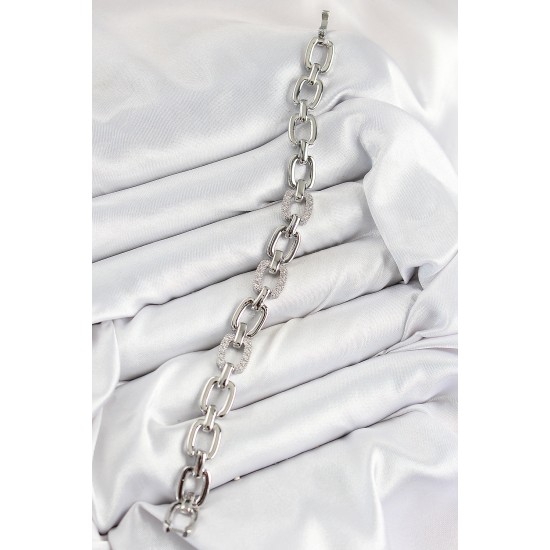 Pirinç Zirkon Taşlı Parçalı Zincir Model Gümüş Renk Kadın Bileklik - TJ-BB7536