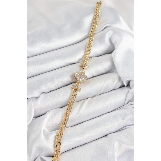 Pirinç Zirkon Taşlı Yonca Model Gold Renk Kadın Bileklik - TJ-BB7537