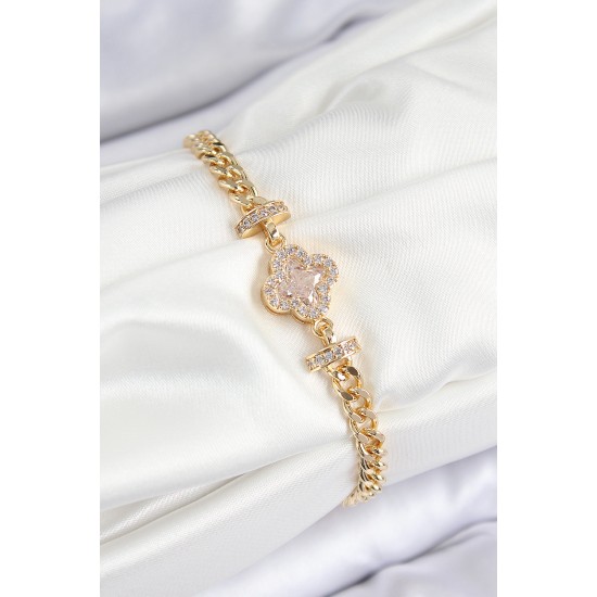 Pirinç Zirkon Taşlı Yonca Model Gold Renk Kadın Bileklik - TJ-BB7537