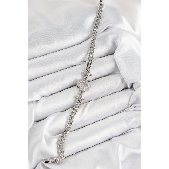 Pirinç Zirkon Taşlı Yonca Model Gümüş Renk Kadın Bileklik - TJ-BB7538