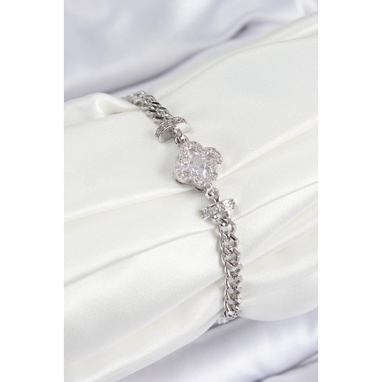 Pirinç Zirkon Taşlı Yonca Model Gümüş Renk Kadın Bileklik - TJ-BB7538