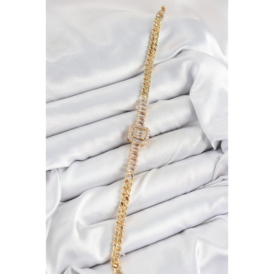 Pirinç Zirkon Taşlı Su Yolu Detaylı Baget Model Gold Renk Kadın Bileklik - TJ-BB7539