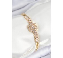 Pirinç Zirkon Taşlı Su Yolu Detaylı Baget Model Gold Renk Kadın Bileklik - TJ-BB7539