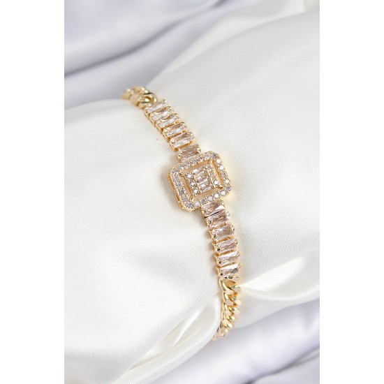 Pirinç Zirkon Taşlı Su Yolu Detaylı Baget Model Gold Renk Kadın Bileklik - TJ-BB7539