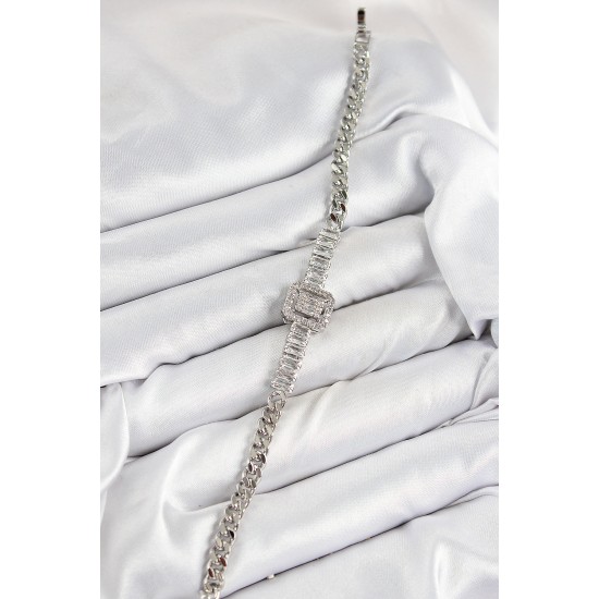 Pirinç Zirkon Taşlı Su Yolu Detaylı Baget Model Gümüş Renk Kadın Bileklik - TJ-BB7540