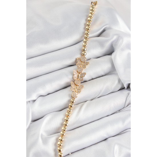 Pirinç Zirkon Taşlı Kelebek Model Gold Renk Kadın Bileklik - TJ-BB7541