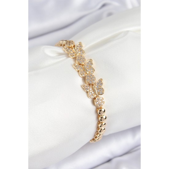 Pirinç Zirkon Taşlı Kelebek Model Gold Renk Kadın Bileklik - TJ-BB7541