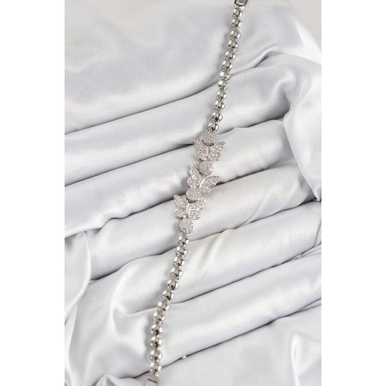 Pirinç Zirkon Taşlı Kelebek Model Gümüş Renk Kadın Bileklik - TJ-BB7542