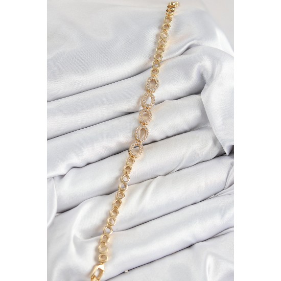 Pirinç Zirkon Taşlı Oval Model Gold Renk Kadın Bileklik - TJ-BB7543