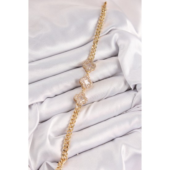 Pirinç Zirkon Taşlı Yonca Model Gold Renk Kadın Bileklik - TJ-BB7545