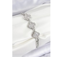 Pirinç Zirkon Taşlı Yonca Model Gümüş Renk Kadın Bileklik - TJ-BB7546