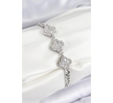 Pirinç Zirkon Taşlı Yonca Model Gümüş Renk Kadın Bileklik - TJ-BB7546