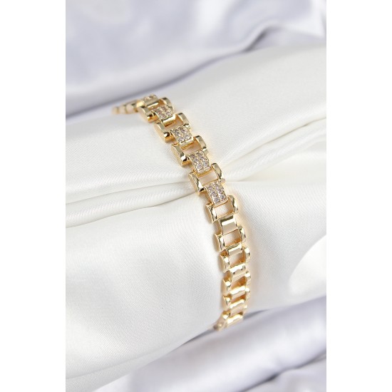 Pirinç Zirkon Taşlı Parçalı Model Gold Renk Kadın Bileklik - TJ-BB7551