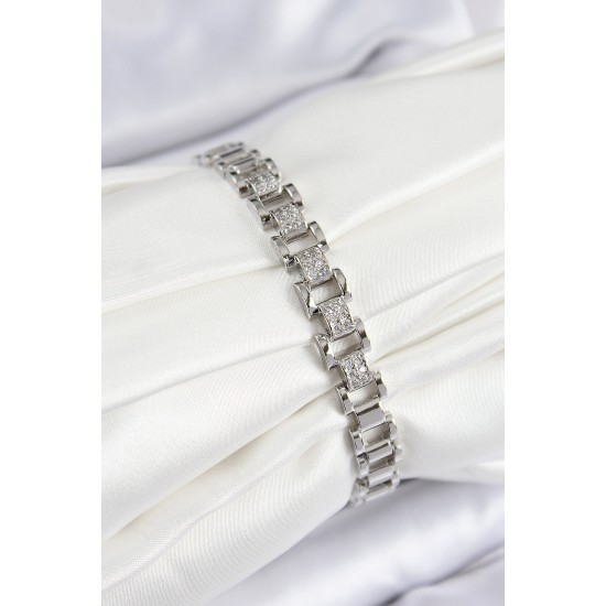 Pirinç Zirkon Taşlı Parçalı Model Gümüş Renk Kadın Bileklik - TJ-BB7552