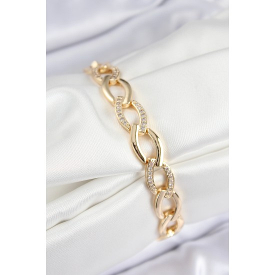 Pirinç Zirkon Taşlı Zincir Model Gold Renk Kadın Bileklik - TJ-BB7553