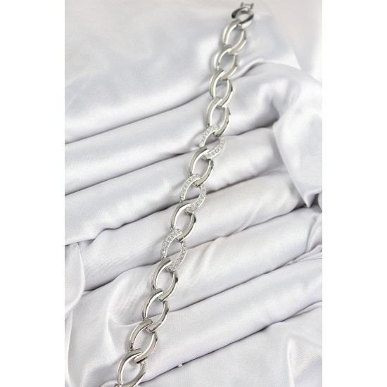 Pirinç Zirkon Taşlı Zincir Model Gümüş Renk Kadın Bileklik - TJ-BB7554