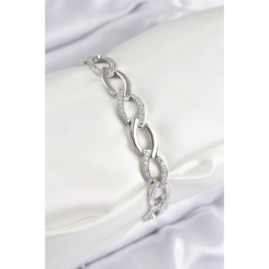 Pirinç Zirkon Taşlı Zincir Model Gümüş Renk Kadın Bileklik - TJ-BB7554
