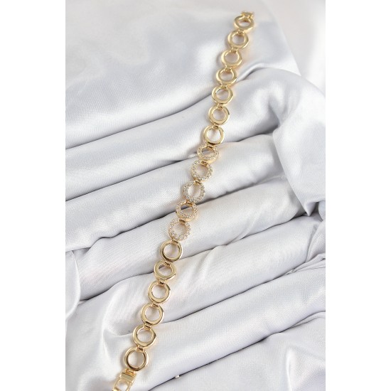 Pirinç Zirkon Taşlı Sıralı Halka Model Gold Renk Kadın Bileklik - TJ-BB7555