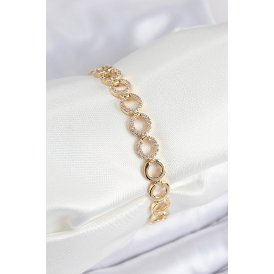 Pirinç Zirkon Taşlı Sıralı Halka Model Gold Renk Kadın Bileklik - TJ-BB7555