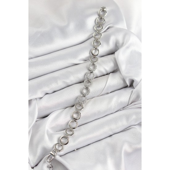 Pirinç Zirkon Taşlı Sıralı Halka Model Gümüş Renk Kadın Bileklik - TJ-BB7556