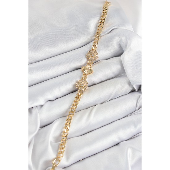 Pirinç Zirkon Taşlı Yonca Model Gold Renk Kadın Bileklik - TJ-BB7557