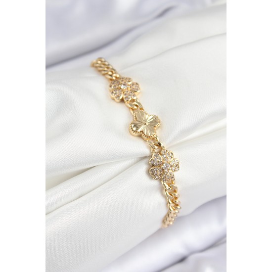 Pirinç Zirkon Taşlı Yonca Model Gold Renk Kadın Bileklik - TJ-BB7557