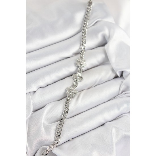 Pirinç Zirkon Taşlı Yonca Model Gümüş Renk Kadın Bileklik - TJ-BB7558