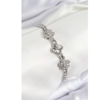 Pirinç Zirkon Taşlı Yonca Model Gümüş Renk Kadın Bileklik - TJ-BB7558