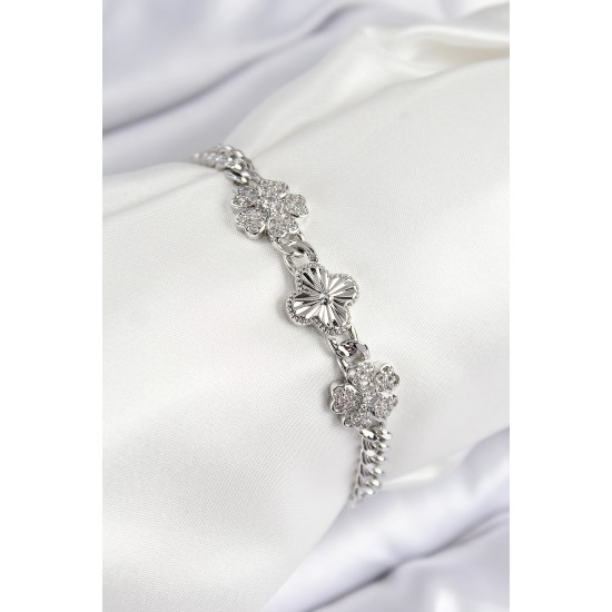 Pirinç Zirkon Taşlı Yonca Model Gümüş Renk Kadın Bileklik - TJ-BB7558