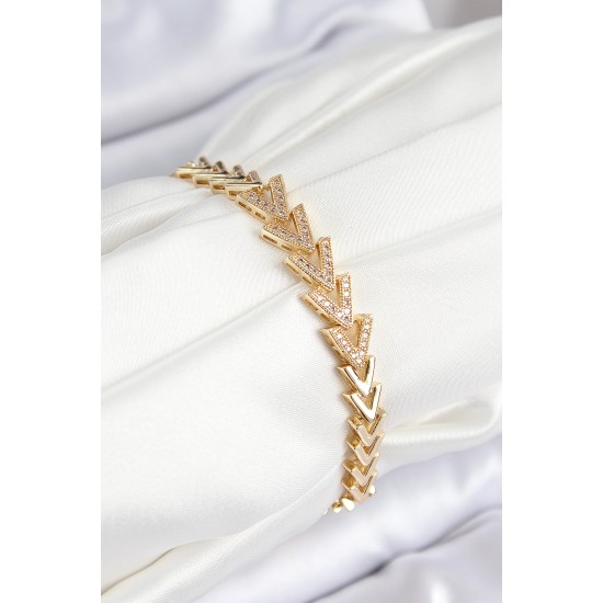 Pirinç Zirkon Taşlı Sıralı Ok Model Gold Renk Kadın Bileklik - TJ-BB7559