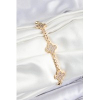 Pirinç Zirkon Taşlı Yonca Model Gold Renk Kadın Bileklik TJ-BB7561