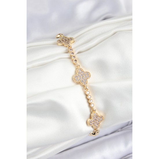 Pirinç Zirkon Taşlı Yonca Model Gold Renk Kadın Bileklik - TJ-BB7561