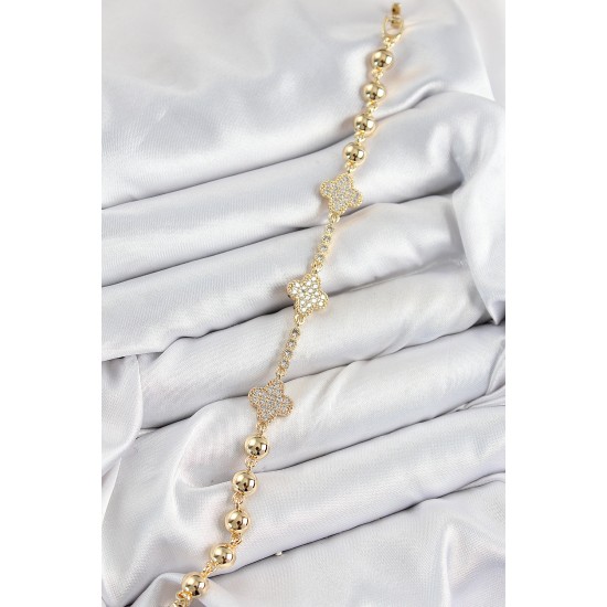 Pirinç Zirkon Taşlı Yonca Model Gold Renk Kadın Bileklik - TJ-BB7561