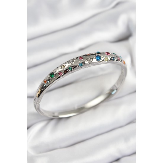 Pirinç Renkli Zirkon Taşlı Kutup Yıldızı Model Gümüş Renk Kadın Kelepçe - TJ-BB7573