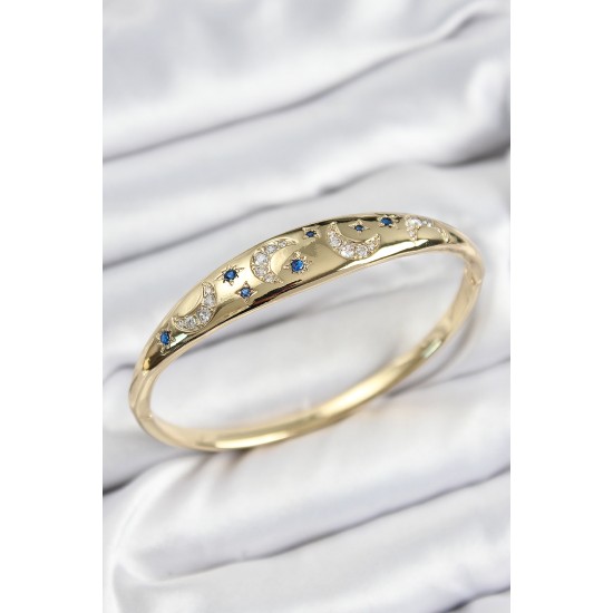 Pirinç Zirkon Taşlı Kutup Yıldızı Ve Hilal Model Gold Renk Kadın Kelepçe - TJ-BB7574