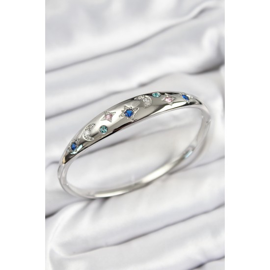 Pirinç Zirkon Taşlı Kutup Yıldızı Ve Hilal Model Gümüş Renk Kadın Kelepçe - TJ-BB7575