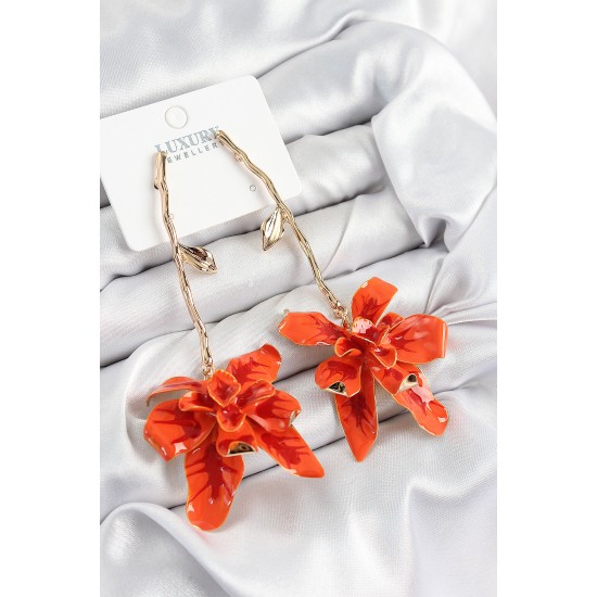 Pirinç Sallantılı Kırmızı Çiçek Model Gold Renk Kadın Küpe - TJ-BKP10982