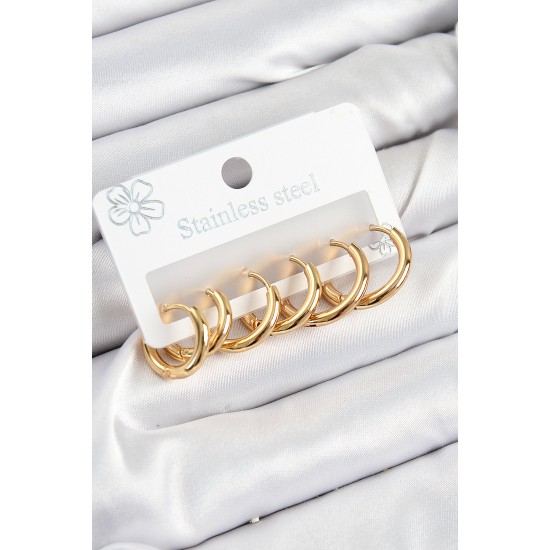 316L Çelik Halka Model Gold Renk 3'lü Set Kadın Küpe - TJ-BKP10983