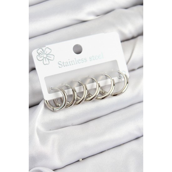 316L Çelik Halka Model Gümüş Renk 3'lü Set Kadın Küpe - TJ-BKP10984