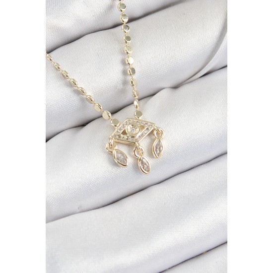 Pirinç Zirkon Taşlı Sallantılı Göz Model Ezme Zincir Gold Renk Kadın Kolye - TJ-BKO10389