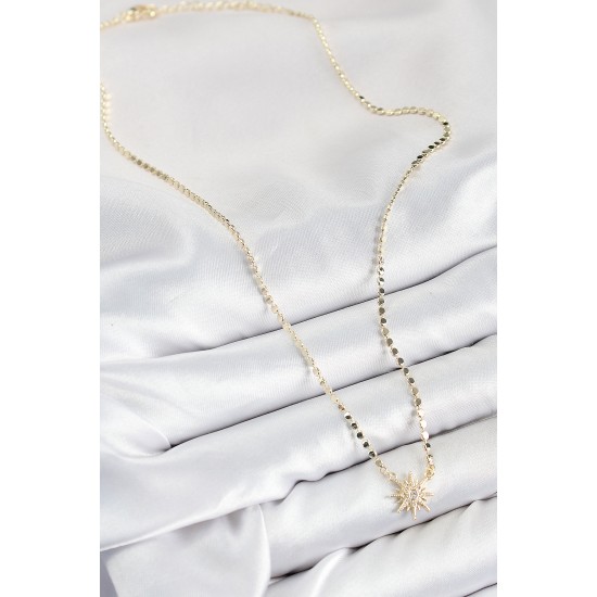 Pirinç Zirkon Taşlı Kutup Yıldızı Model Ezme Zincir Gold Renk Kadın Kolye - TJ-BKO10390