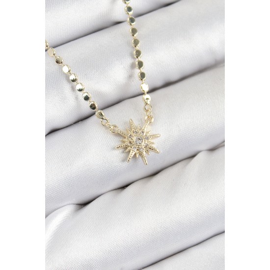 Pirinç Zirkon Taşlı Kutup Yıldızı Model Ezme Zincir Gold Renk Kadın Kolye - TJ-BKO10390