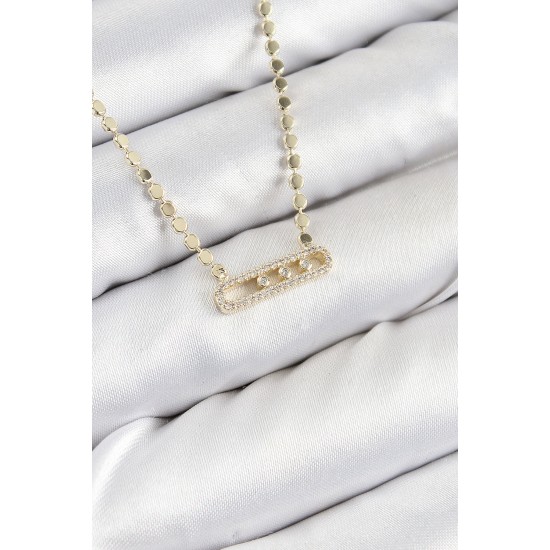 Pirinç Zirkon Taşlı Messika Model Ezme Zincir Gold Renk Kadın Kolye - TJ-BKO10391