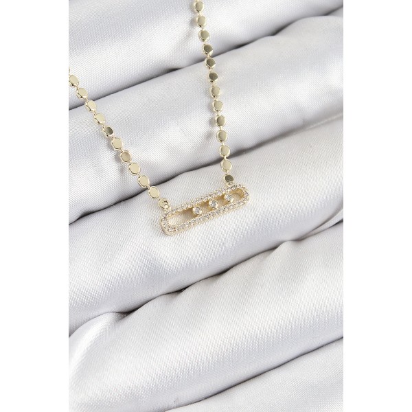 Pirinç Zirkon Taşlı Messika Model Ezme Zincir Gold Renk Kadın Kolye - TJ-BKO10391